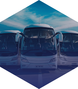 Tres autobuses modernos estacionados bajo cielo azul
