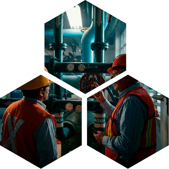 Trabajadores inspeccionan tuberías industriales con válvulas y manómetros